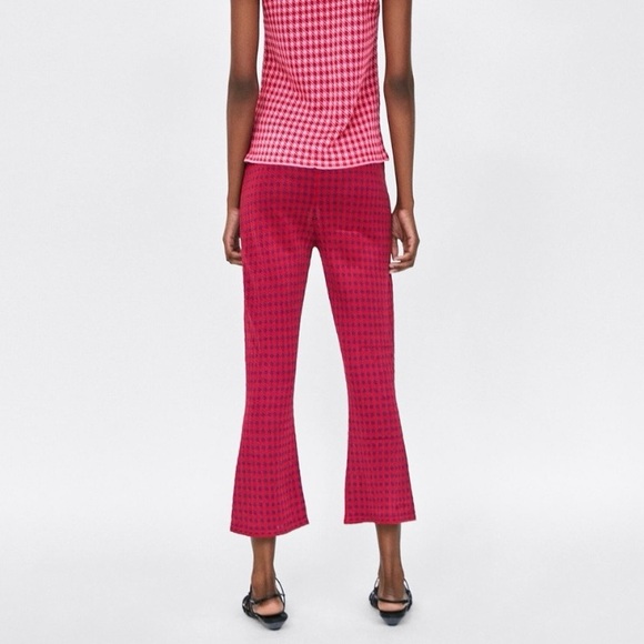 NEW Zara knit houndstooth print cropped flare pant red purple - Picture 3 of 8
